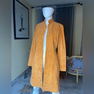 Live A Little Small Leather Suede Long Coat Blazer Embroidered Burnt Orange